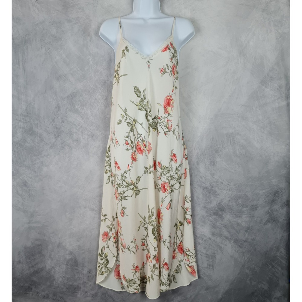 Vintage Natori Chemise Gown Womens Medium White Rose Floral Satin Maxi Romantic